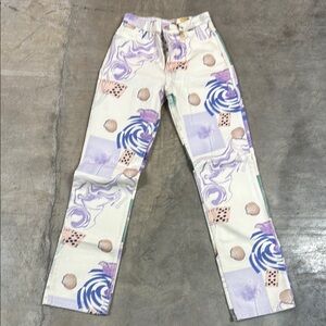 Zara High Rise Jeans with Purple and Cream Pattern